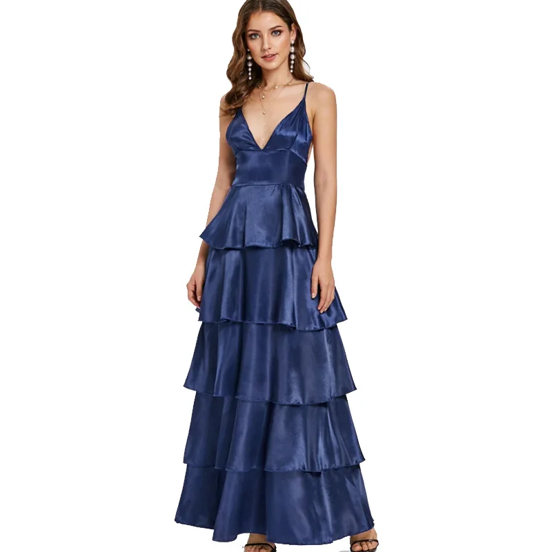 FOLOBE Sexy V-neck Halter Long Dress Sleeveless Layered Solid Ruffles Hem Party Dress Women 2022 Summer Backless Maxi Dresses