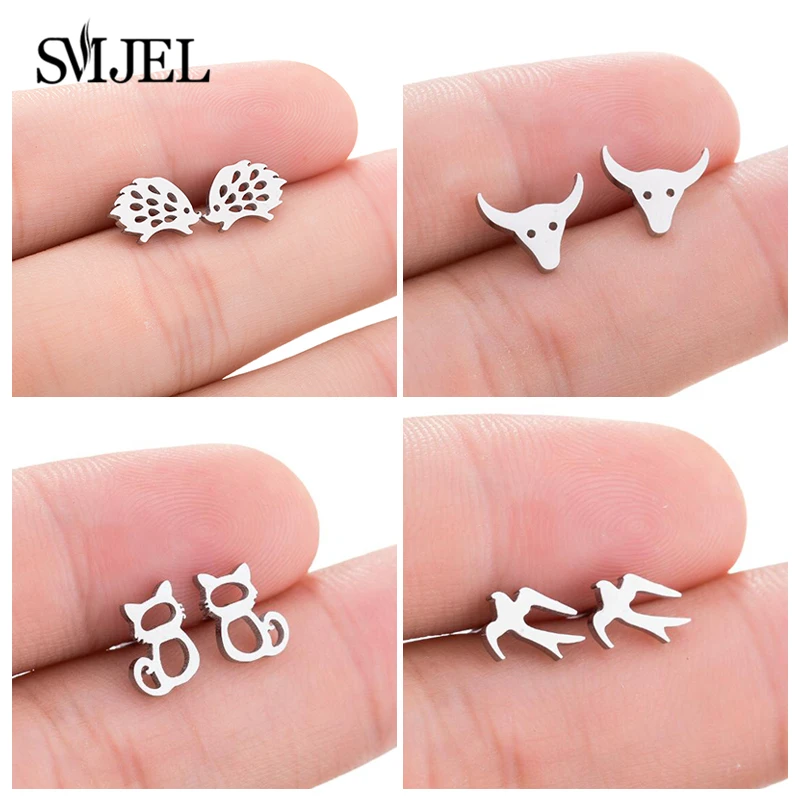 SMJEL Personalize Bull Swallow Cat Spider Earrings 2019 Stainless Steel Animal Earings For Men and Women Ear Studs