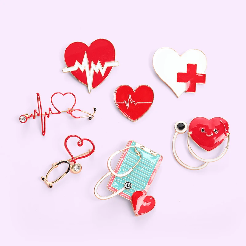 Red Heart Stethoscope Brooch Doctor Nurse Enamel Pins  Electrocardiogram Collar Lapel Pin Unisex Medical Jewelry Graduation Gift