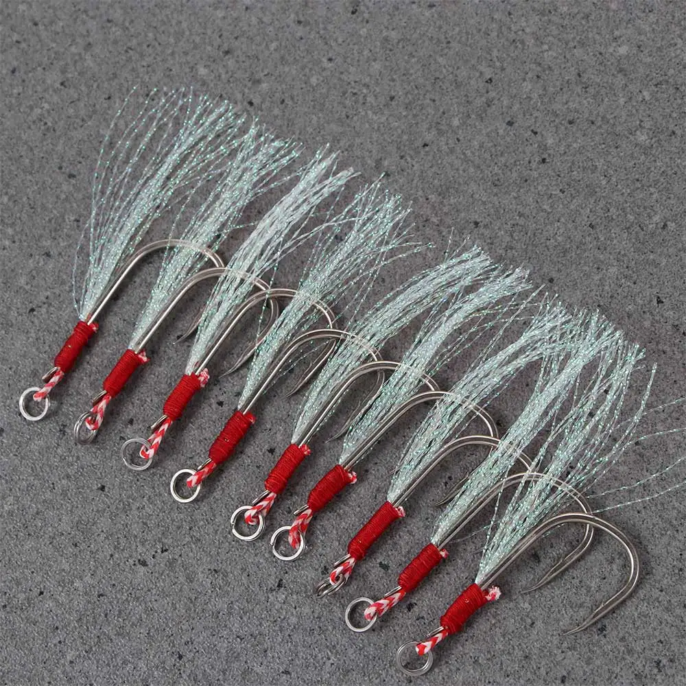 

10pcs/Lot Fishing Lure Slow Jigging Fishing Cast Jigs Assist Hook Barbed Single Jig Hooks Thread Feather High Carbon Steel