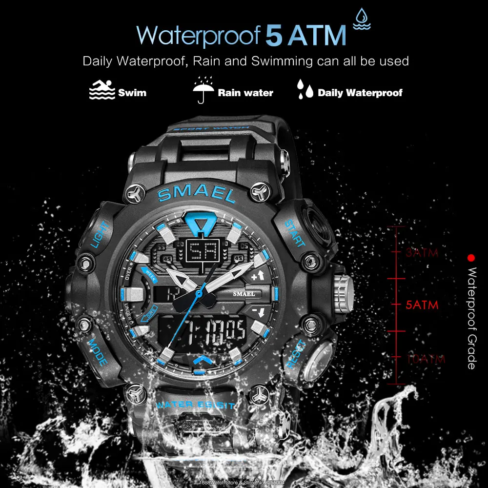 SMAEL Dual Time LED Digital Watch for Men 50m Waterproof Chronograph Quartz Watches Orange Military Sport Electronic Wristwatch