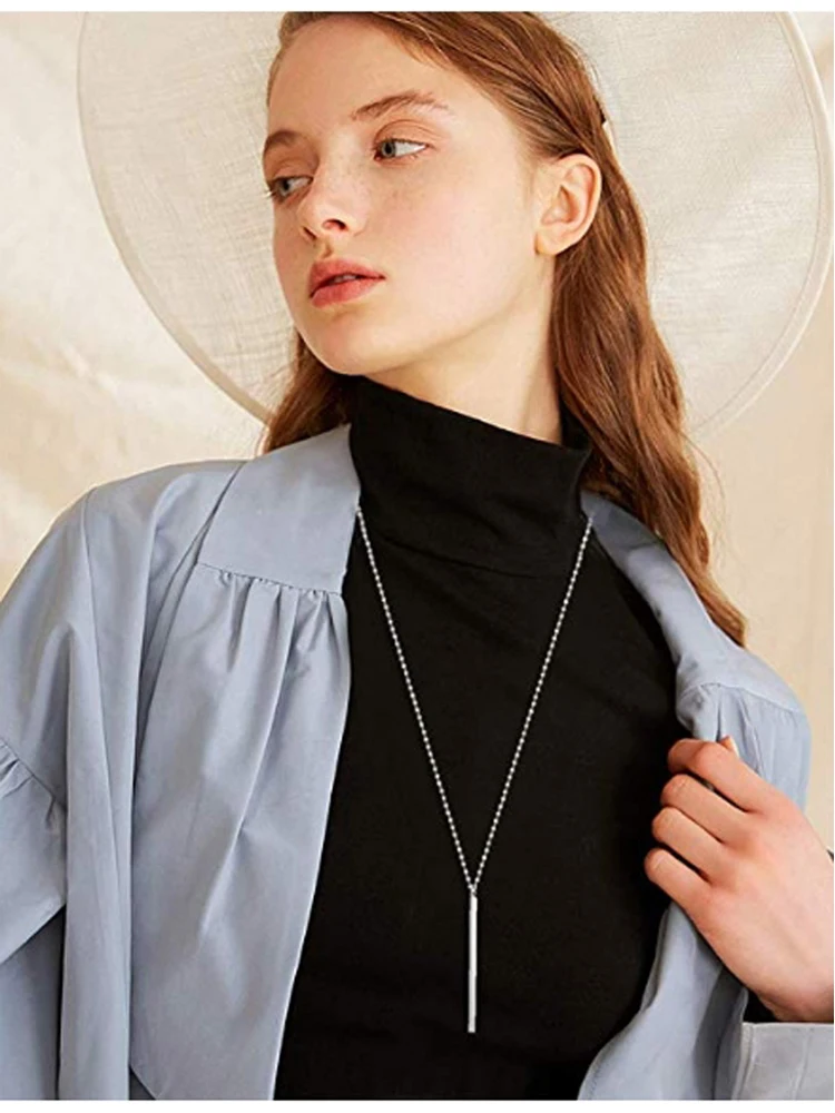 Women Long pendant necklace sweater Necklace bar pendant gold silver color plated Metal Chain