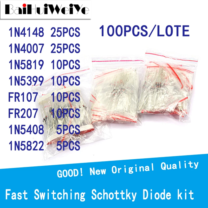

100PCS/LOTE Fast Switching Schottky Diode Kit Set 8values=100PCS 1N4148 1N4007 1N5819 1N5399 FR107 FR207 1N5408 1N5822
