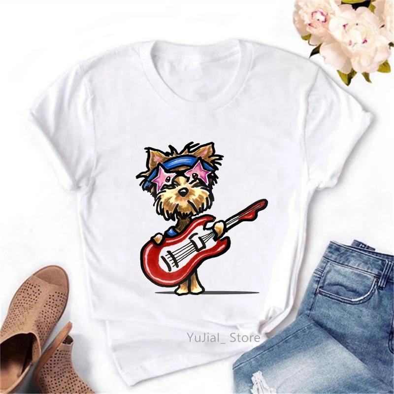 

Funny T Shirt Women'S Clothing Teddy Love Playing Guitar Animal Print Tshirt Femme Kawaii Dog T-Shirt Female Tumblr Tops Tee