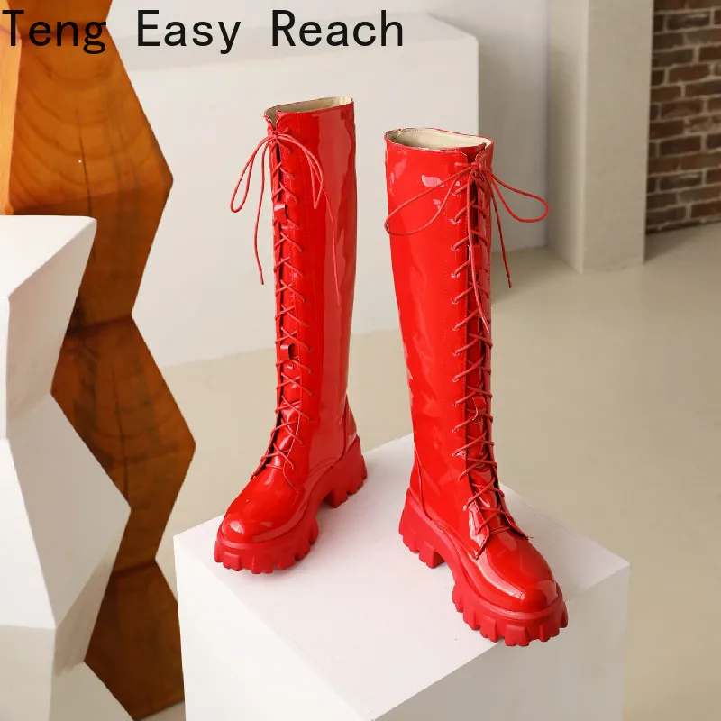 Women‘s Thick Bottom Motorcycle Boots Women Knee High Boots Autumn Winter Patent Women Lace-up casual boots red Size 35-43