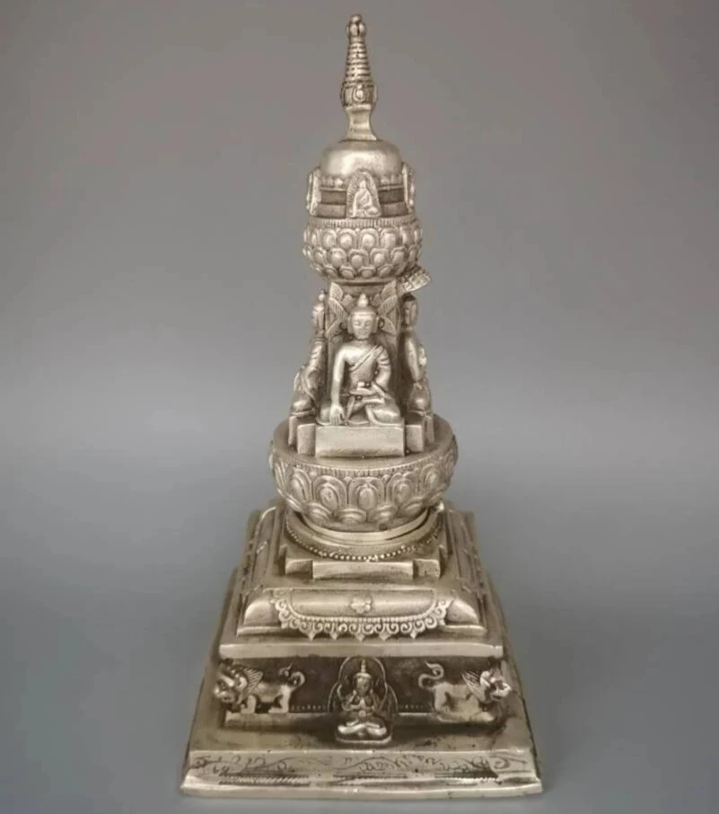 

China White copper four surface Buddha tower Incense burner crafts statue