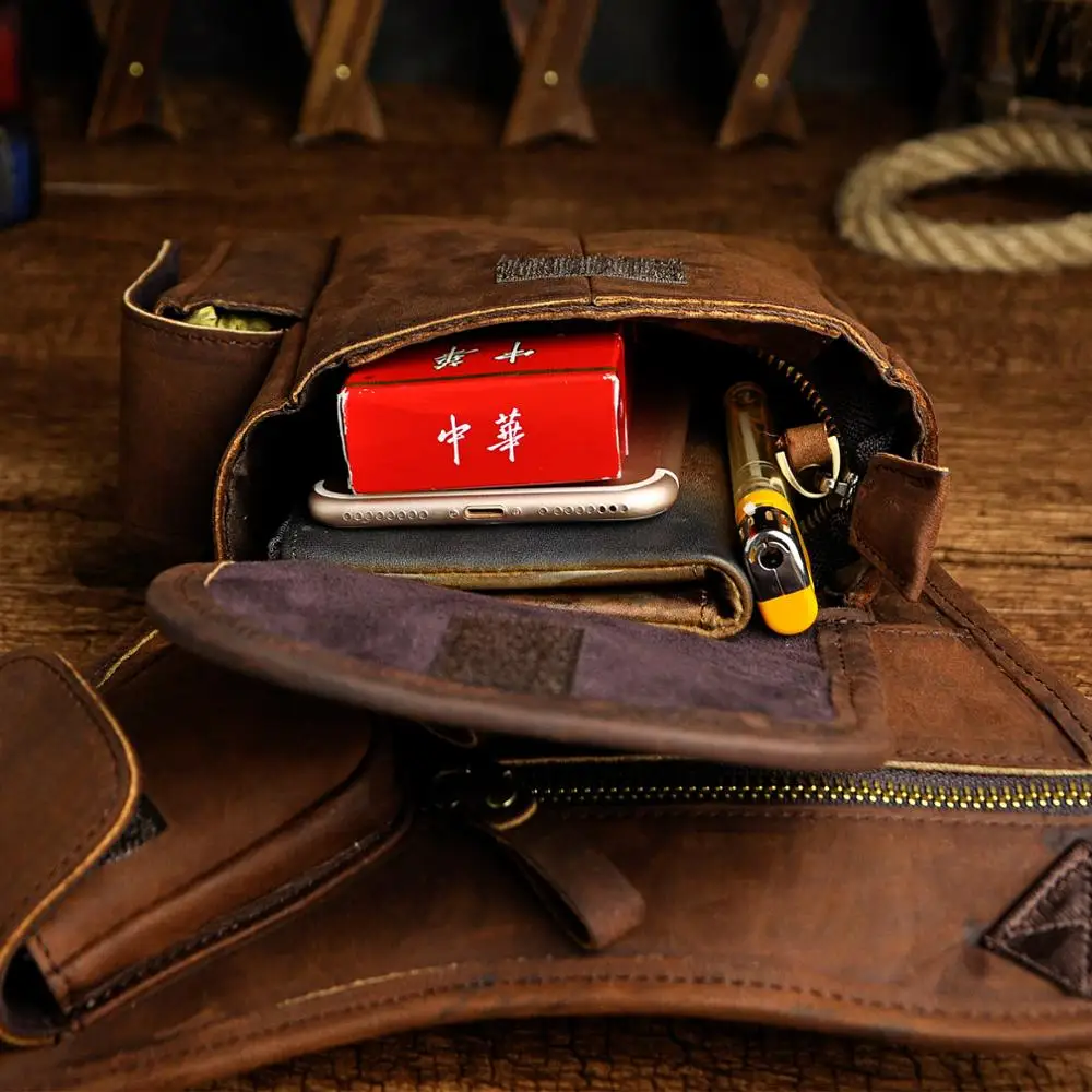 Crazy Horse Leather Men Fashion Casual Messenger One Shoulder Bag Design Travel Fanny Waist Belt Pack Drop Leg Bag 3106-d