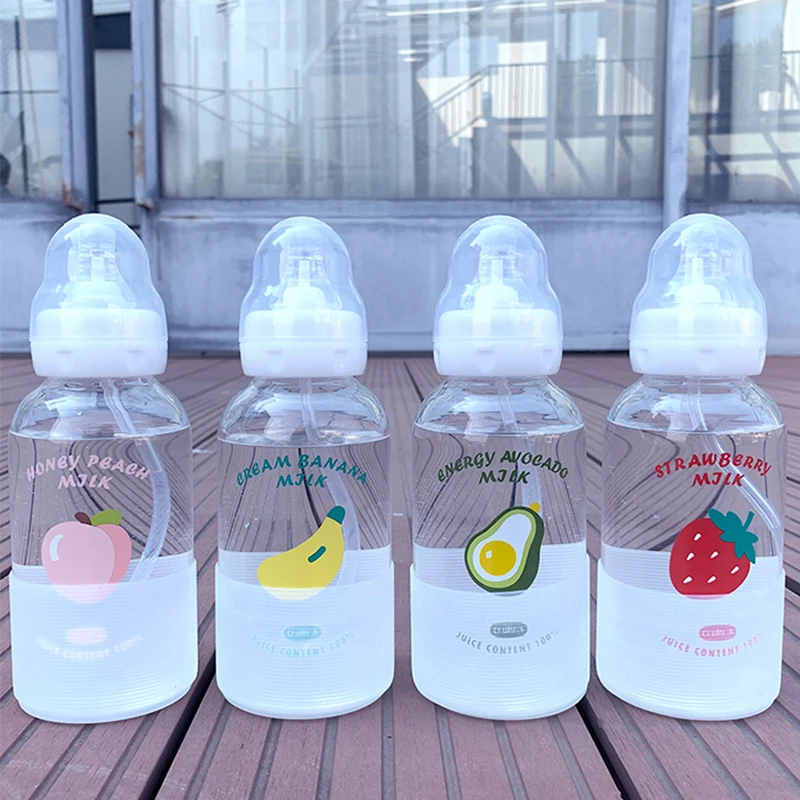 Cute Fruit Water Bottle, Transparent Glass, Creative Fashion, Personality Straw Pattern, Female Student, Couple Portable Cup