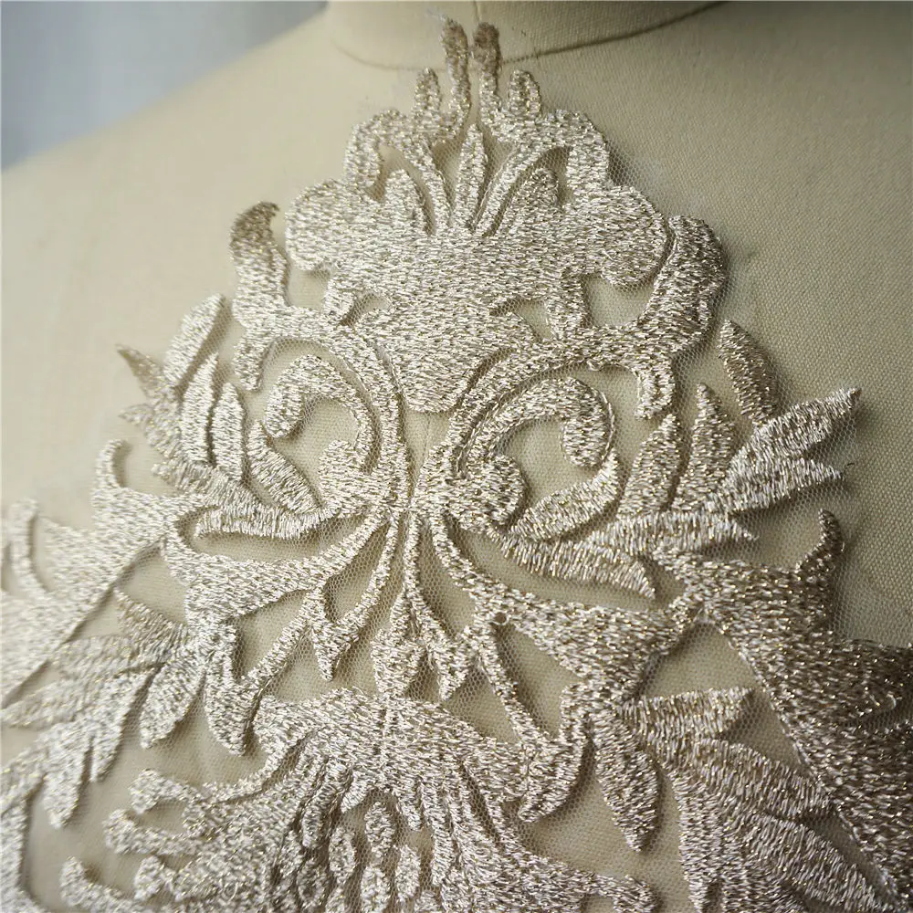 Gold Thread Lace Fabric Flora Embroidered Wedding Gown Appliques Baroque Collar Sew Patch For Dress DIY Decoration