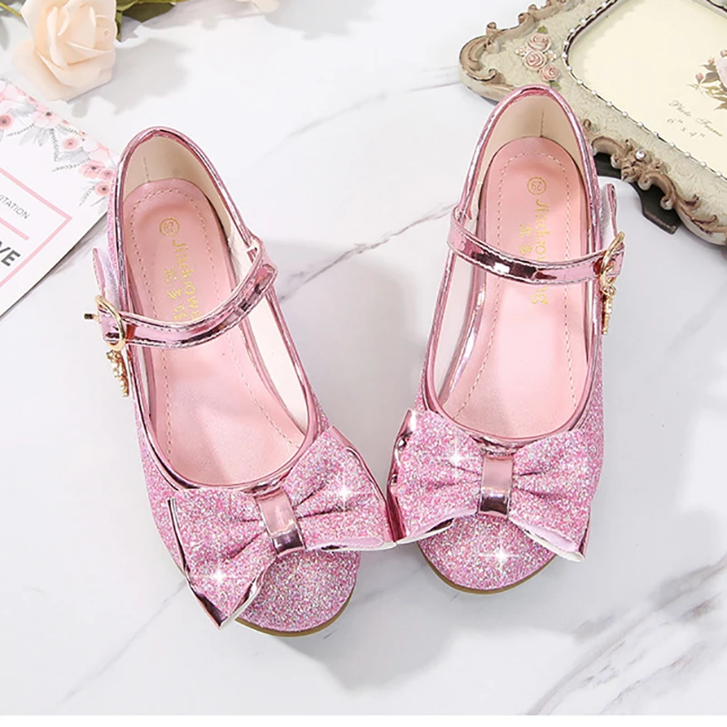 Girls Princess Shoes Butterfly Knot High-Heel Shiny Crystal Kids Leather Children's Single Shoes Birthday Present