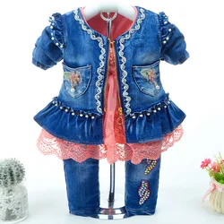 Spring Autumn Baby Girl Clothes Toddler girl Denim Clothing Sets 3pcs Long Sleeve T Shirt Dress Tops Bebe Denim Jacket and Jeans