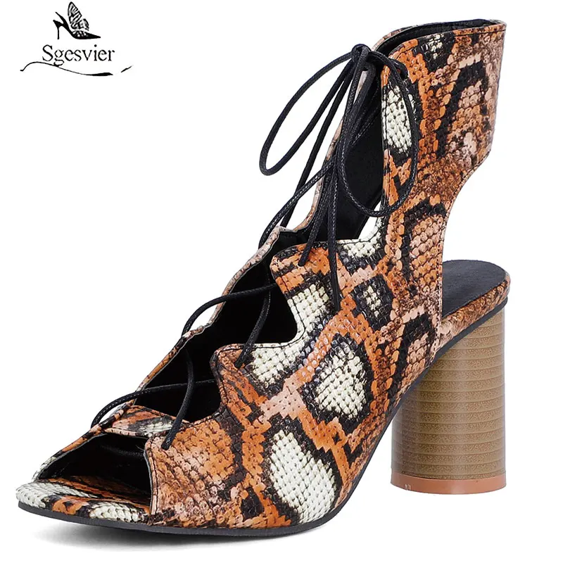 

Sgesvier Summer Vintage Sandals Snake Print Round Heel Shoes Peep Toe Snakeskin High Heel Cross Tied Gladiator Sandals Women