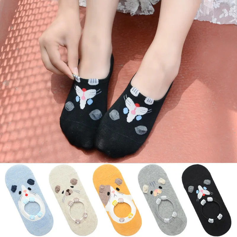 Stereo CAT Invisible Short Woman Sweat summer comfortable cotton girl boat socks ankle low female hosiery 1pair=2pcs XG19