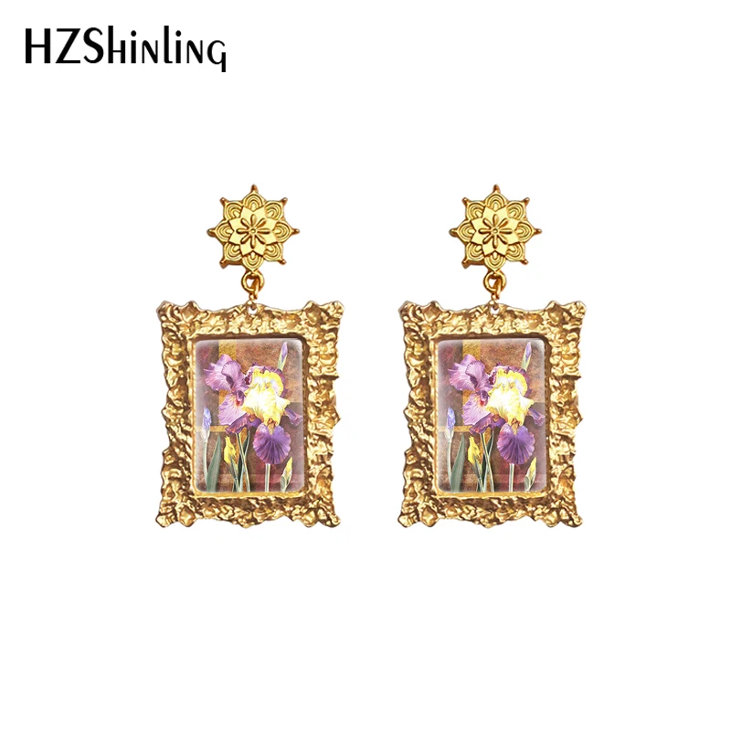 2020 New Iris Flower Earring Art Painting Vintage Earrings Retro Mandala Charm Square Glass Cabochon Jewelry image 3