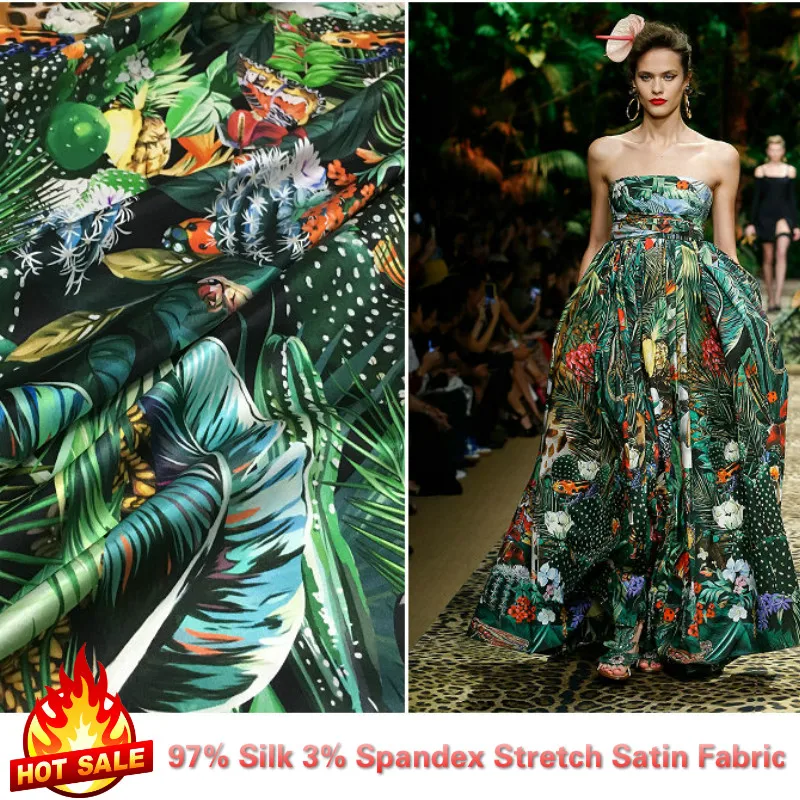 Customized 19mm Tropical Forest Animal and Plant Printing Real Silk Spandex Satin Fabric for Dress DIY