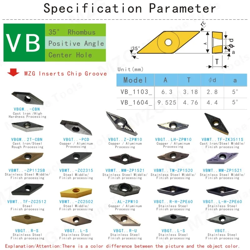 MZG 1PCS VBMT 1604 04 08 PCD CNC Lathe Tool Turning Boring Cutting Carbide Diamond Tip Insert for Aluminum Copper Machining
