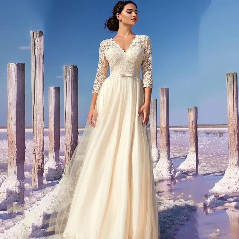 

LSYX Boho Graceful V-Neck Wedding Dresses A-Line Lace Appliques Backless Belt 3/4 Sleeve Tulle Floor Length Bride Robe De Mariée