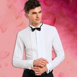 Wing Tip Collar Tuxedo Shirt Long Sleeve Men's French Cuff Button Wedding Dress Shirts Wingtip White Black Pleat with Bowtie