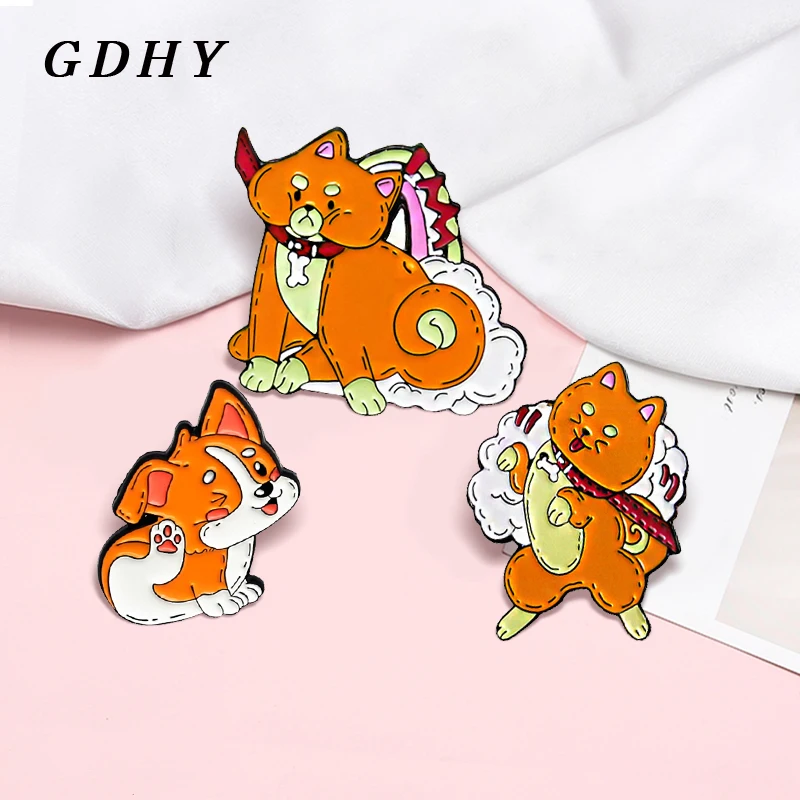 GDHY Kawaii Cocky Akita Dog Enamel Pins Cactus Animal Lovely Dog Brooches Bag Lapel Pin  Dog Badge Jewelry Gift Kids Friends