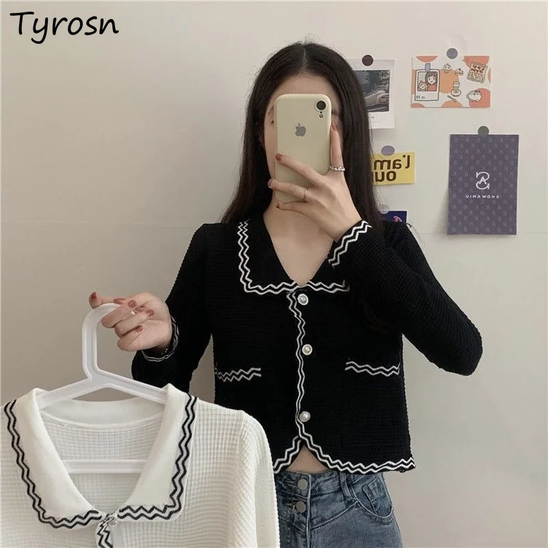 

Cropped Cardigan Women Elegant Slim Spring Autumn Striped Fashion Tops Turn-down Collar Single Breasted Office Ladies Knitwear