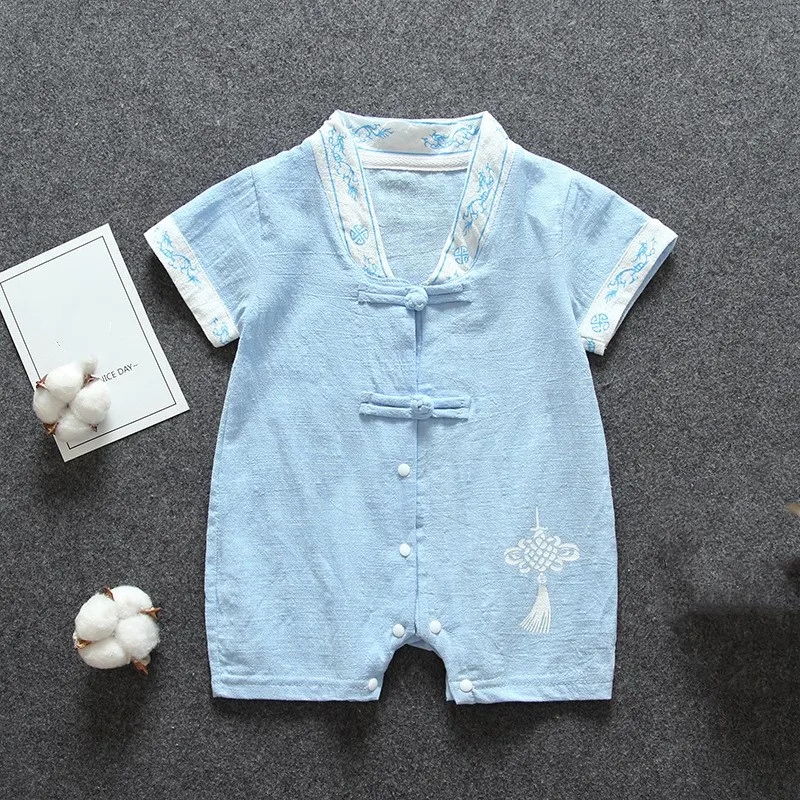 Cotton Linen Baby Boys Romper Breathable Summer Infant Jumpsuit Chinese Style Toddler Outfits One-Pieces Clothes Baby Onesies