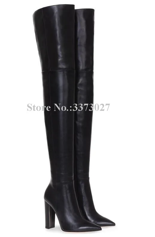 Black Leather Chunky Heel Long Boots Woman Sexy Pointed Toe Thick Heel Over the Knee Boots Fashion Large Size Nude Color Boots