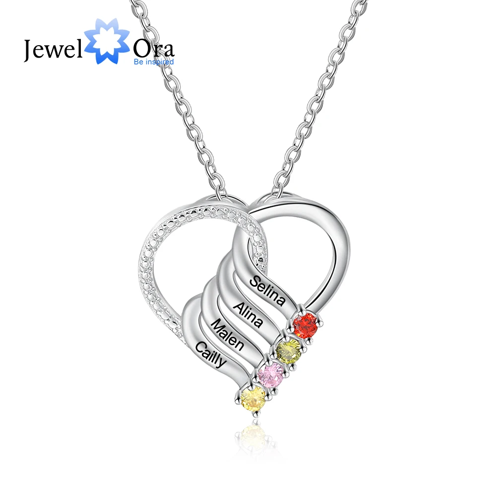 

JewelOra Personalized Family Heart Pendant Necklace with 2-6 Birthstones Customized Engraving Name Mother Necklace New Year Gift