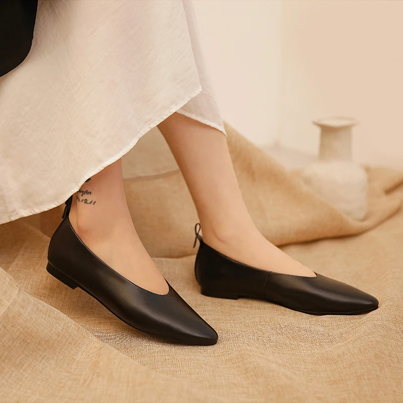 MEZEREON Size 43 Women Flats Cow Leather Slip On Women Simple Shoes Girls Soft Flats Korea Style Ladies Shoes Without Heels