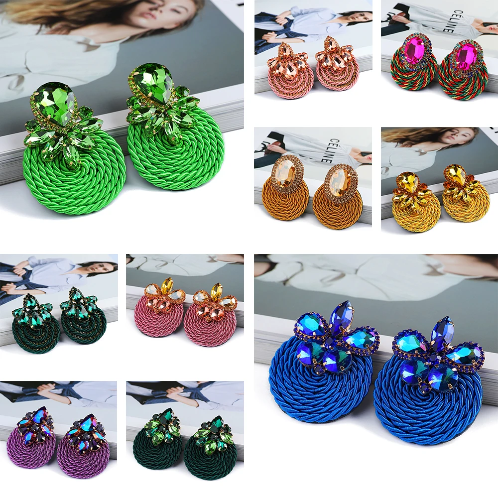 Fashion Ethnic Style Cotton Cord Weave Round Ear Accessories Vintage Sparkly Crystal Dangle Earrings For Women Luxury Jewelry