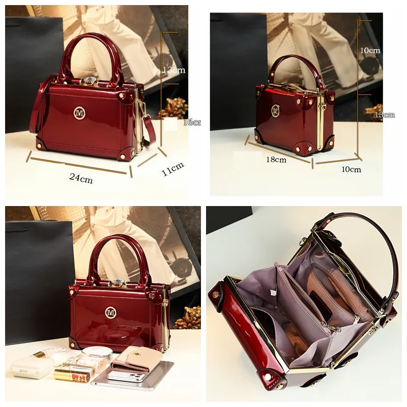 New Fashion Small Box Shoulder Bags for Women Leather Handbag Patent Leather Messenger Bag Ladies Red Wedding Clutch Phone Tote