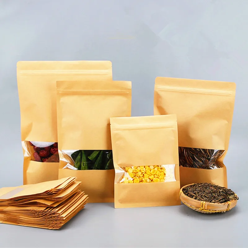 

Flat Bottom Kraft Paper High Clear Window Zip Lock Bag Resealable Coffee Nuts Dried Fruits Heat Sealing Pack Storage Pouches