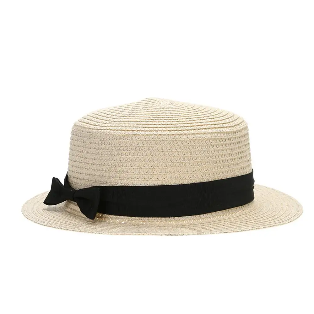 Summer New Women\'s Sun Hat Bucket cap Ribbon Flat top Straw Hats Beach Caps Panama Women Sun Hat Brim Bowknot Straw Outdoor Hat