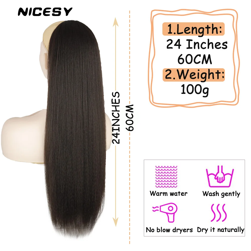 NICESY extensión sintético de cabello rizado, coleta recta larga con cordón de 24 pulgadas, Clip Yaki con peine de banda elástica