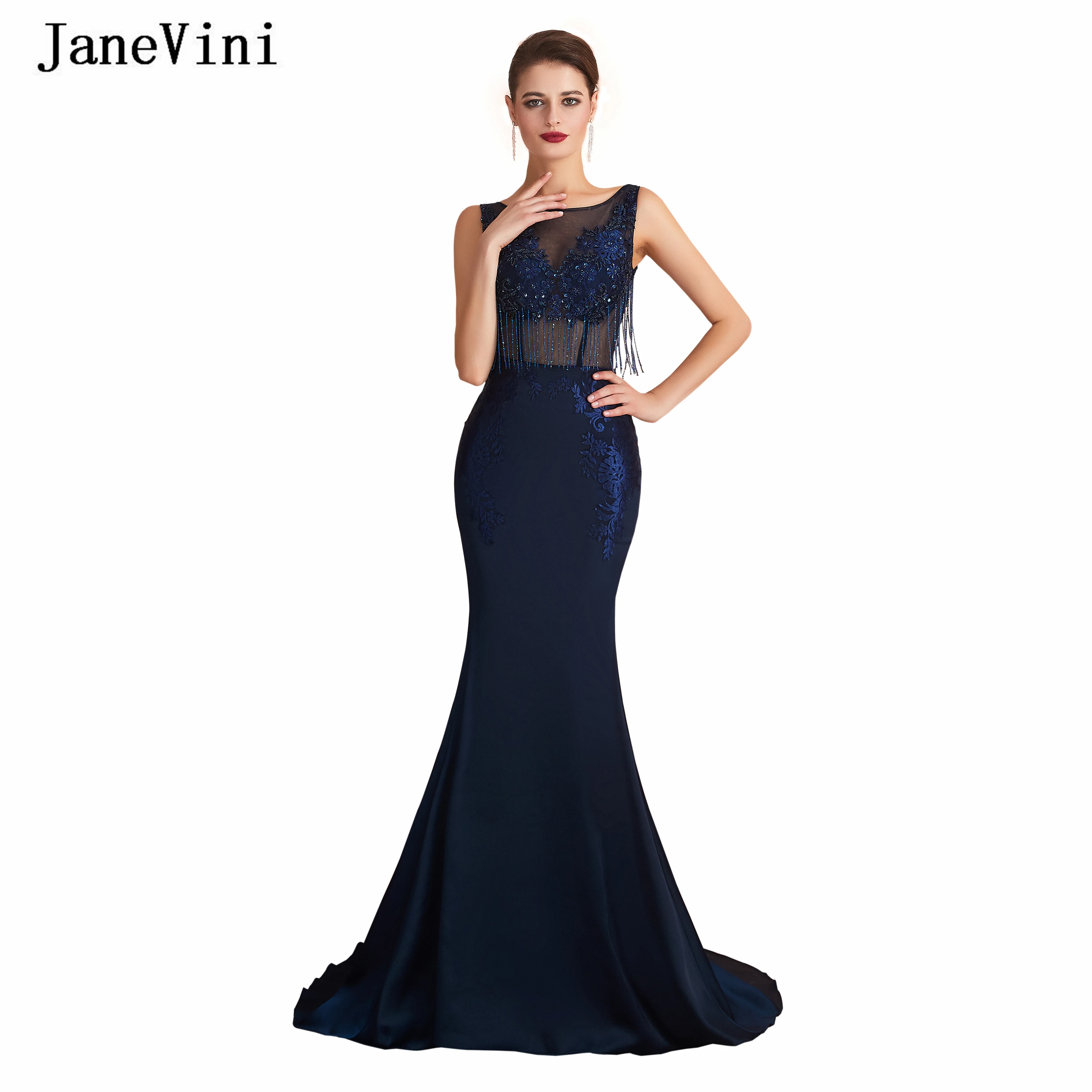 JaneVini Vintage Navy Blue Lange Prom Dresses Zeemeermin 2019 Scoop Hals Kwastje Kralen Backless Satijnen Jurk Vestido Para Formatura