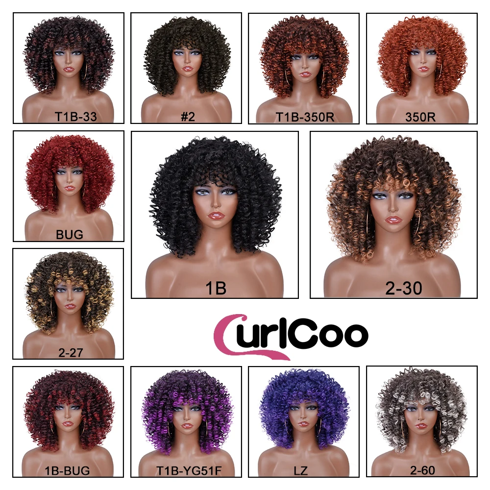 สั้น Afro Kinky Curly Wigs กับ Bangs สำหรับผู้หญิงสีดำสังเคราะห์ Ombre ความร้อนธรรมชาติผมสีน้ำตาลคอสเพลย์ไฮไลท์วิกผม