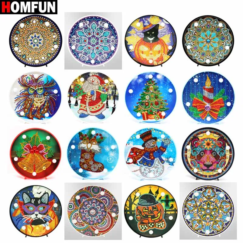 HOMFUN Diamond Painting LED Lamp Light Animal Flowers 5D Embroidery Landscape Rhinestones DIY Diamond Christmas Halloween Gift