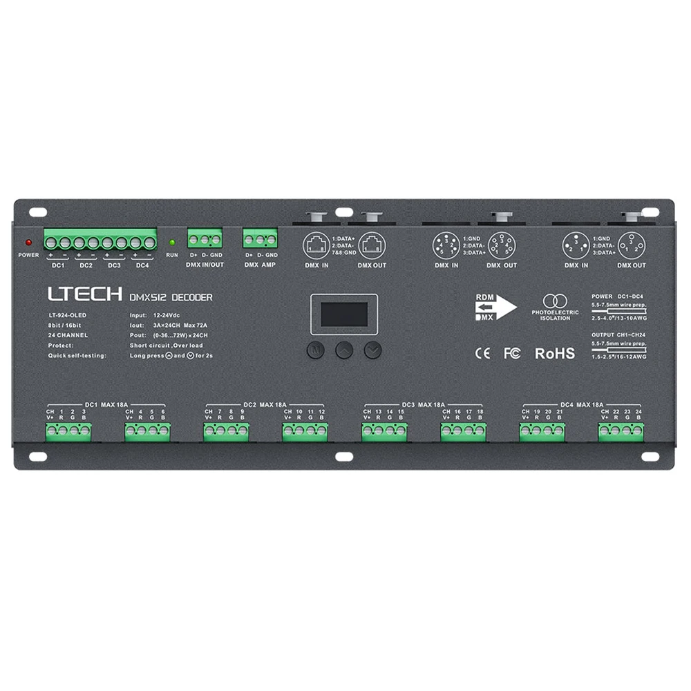 Ltech 24-канальный декодер DMX, 12-24 В, вход 3 А * 24 канала, 72 А, DMX512 славянская лампа/RJ45, используется RGB-лента, OLED-экран