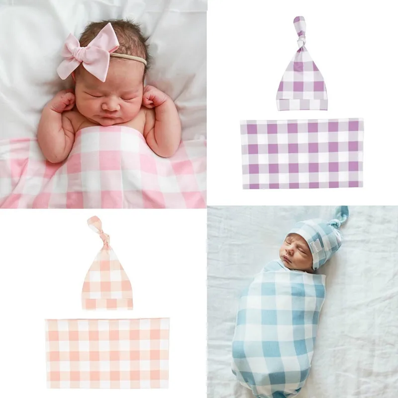 Baby Swaddle Blanket Newborn Baby Muslin Swaddle Plaid Blanket Girl Boys Hat Receiving Blanket Infant Swaddle Wrap