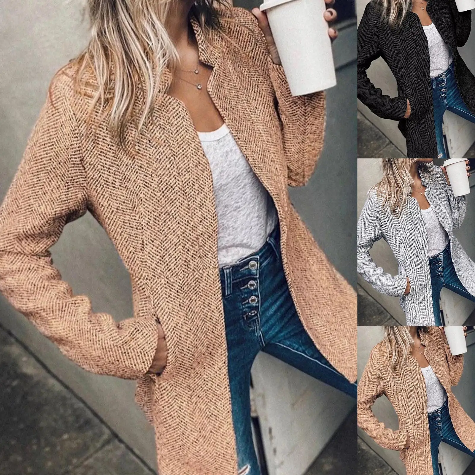 

Women Autumn Winter Sweaters Cardigan Slim Mid-length Coat Jacket Open Front Faux Wool Blend Stand Collar Long Sleeve Outwear