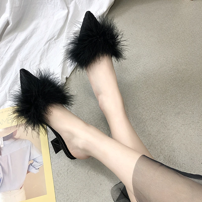 2020 new women\'s set toe-shaped non-slip high heels fashion rubber bottom elastic cloth summer shallow fur shoes