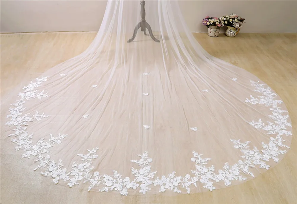 Voile de mariage en dentelle ivoire blanc, appliques de dentelle, cape longue en tulle cathédrale, châle Everak, voile Wed, accessoires initiés par les patients