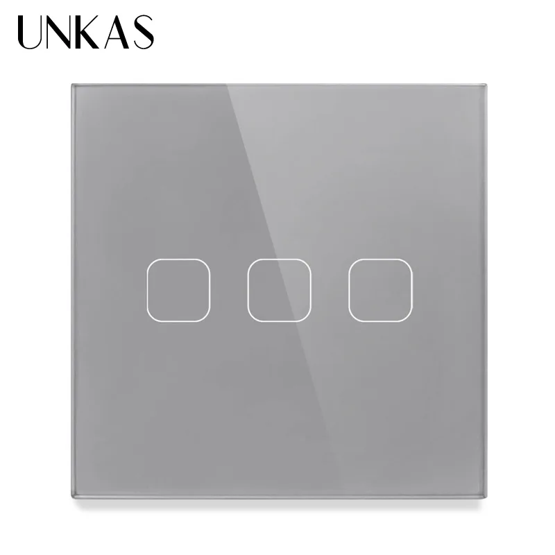 UNKAS EU/UK standard 1/2/3 Gang 1 Way Touch Switch Gray Crystal Glass Panel Touch Switch Light Wall Only Touch Function Switch