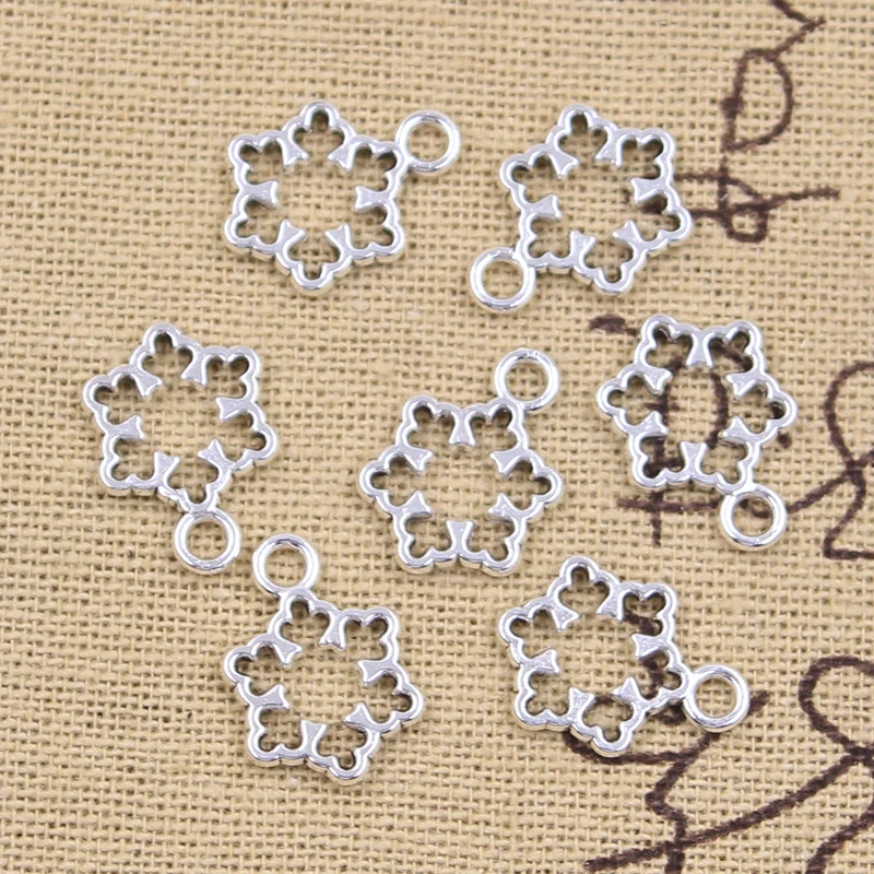 50pcs Charms Hollow Snow Snowflake 16x11mm Antique Silver Color Pendants Making DIY Handmade Tibetan Finding Jewelry