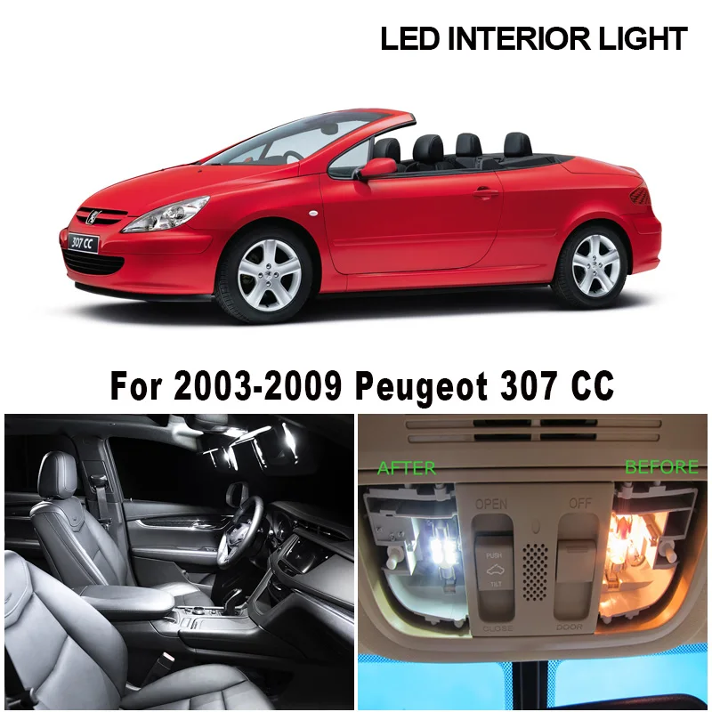 10pcs White Canbus Car Accessories LED Interior Lights Kit For 2003-2009 Peugeot 307 CC Cabriolet Map Dome License Plate Light