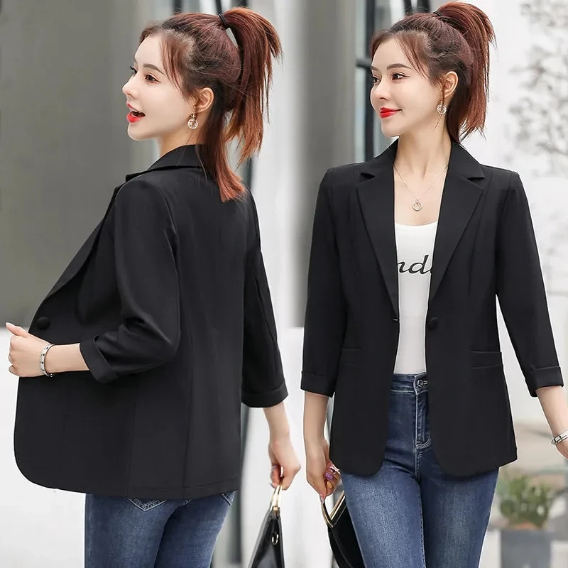 Eine Schnalle kurze Blazer Damen Jacken Sommer neue dünne koreanische Mode schlanke Dreiviertel ärmel Top Jacke Frauen Herbst schwarz