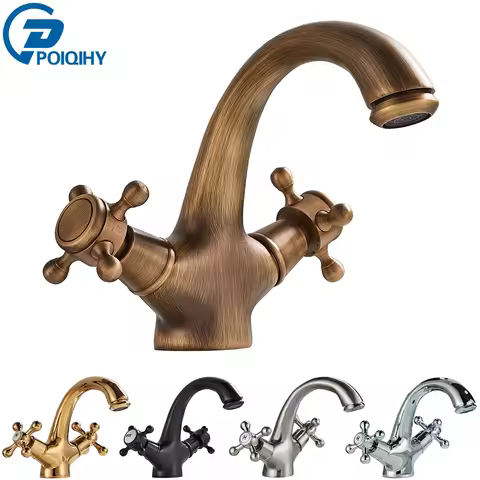 POIQIHY Antique Faucet Bathroom faucet Mixer in the bathroom washbasin taps mixer with two handles Deck Mounted Hot Cold Water