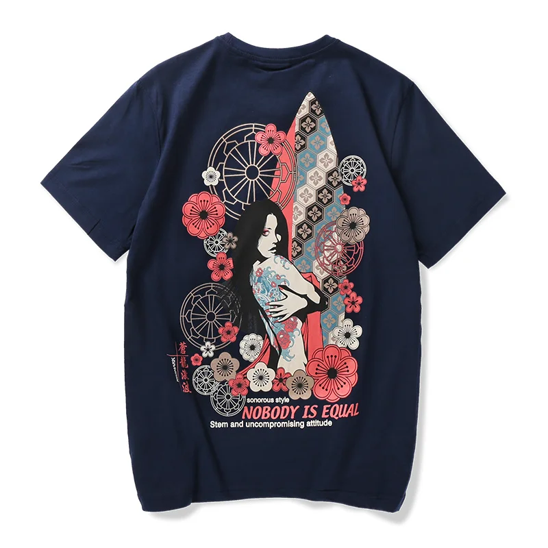 

Tattoo Japanese Flower Printing Cotton Short Sleeve T Shirt Men's Cherry Blossom Beauty Pattern Tops Tee Shirts