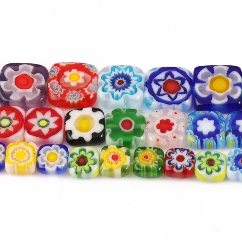 6 8 10mm Square Shape Millefiori Flower Patterns Lampwork Glass Loose Spacer Beads for Jewelry Making Diy Bracelet Accessories