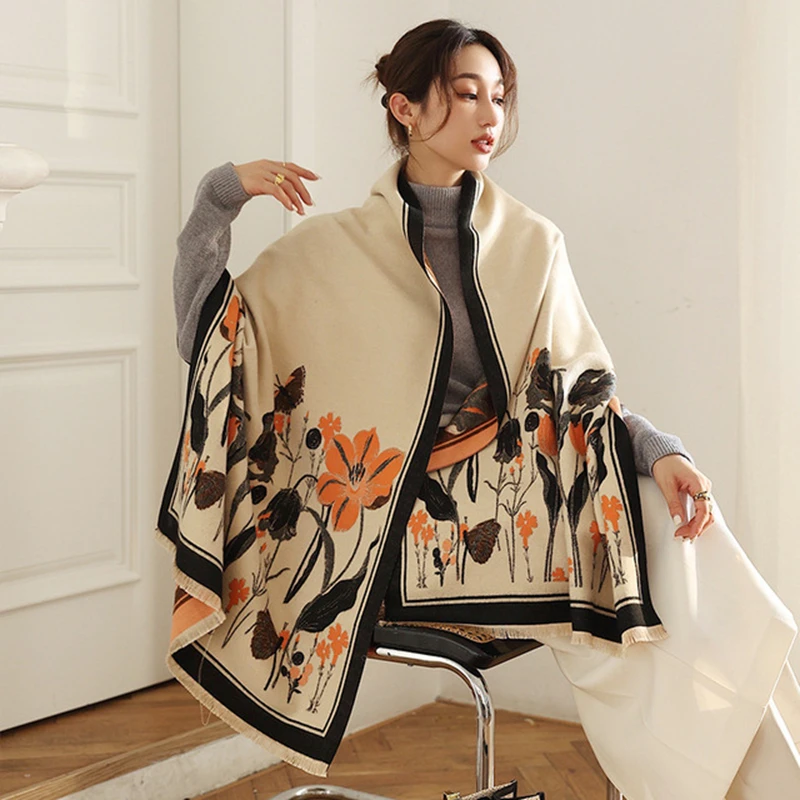 

2021 new Korean fashion flower scarf women autumn winter fresh scarf long retro shawl women warm Air conditioning blanket girl