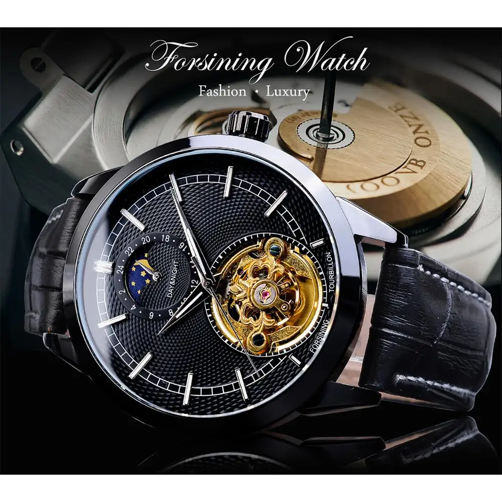 Forsining Stylish Business Mens Watch Top Brand Luxury Golden Automatic Mechanical Moon Phase Waterproof Tourbillon Wristwatches